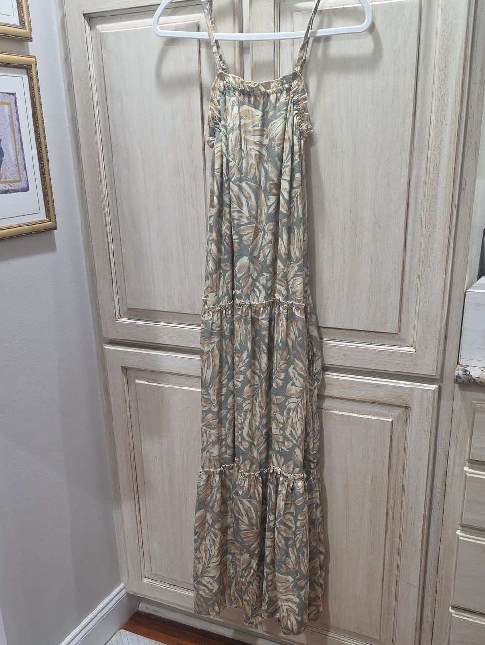 Women's Beige Floral Maxi Dress with Adjustable Spaghetti Straps - Worn 1 X